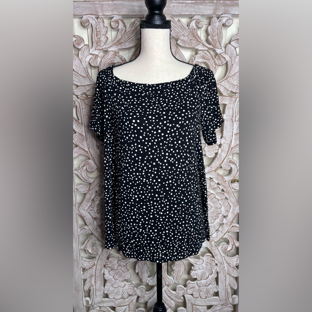 EUC J Jill Black Dotted Boatneck Blouse Sz M
